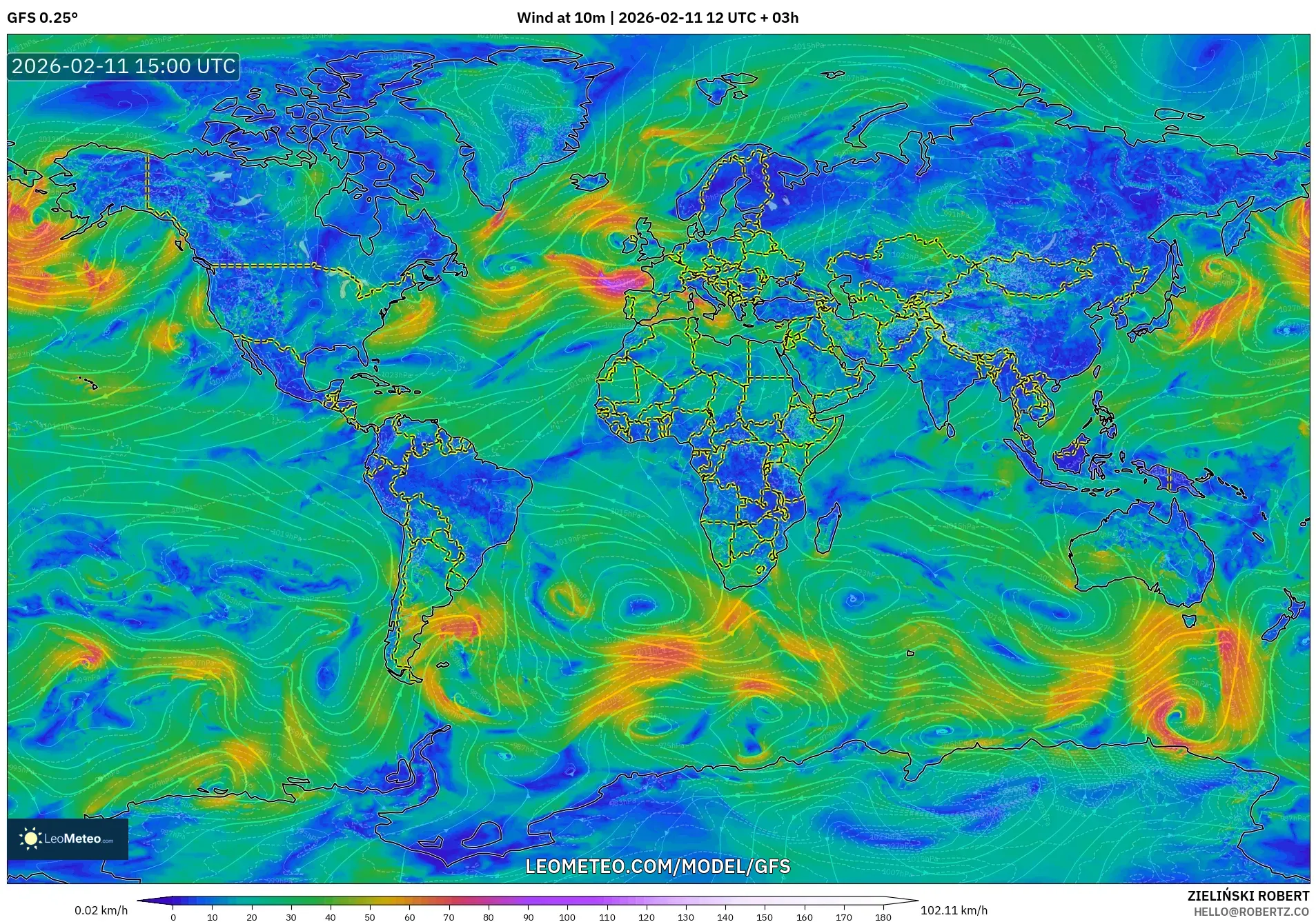 GFS model - World, Wind at 10m