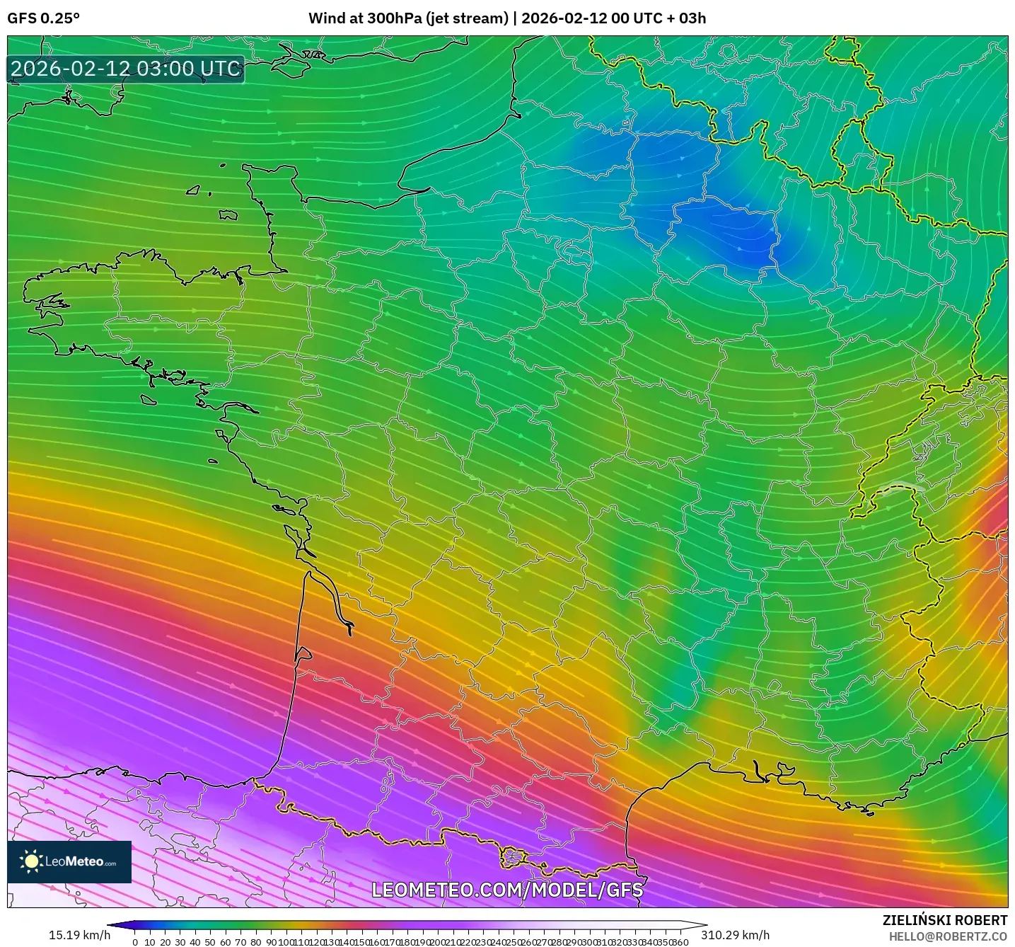 GFS model - France, Wind at 300hPa (jet stream)
