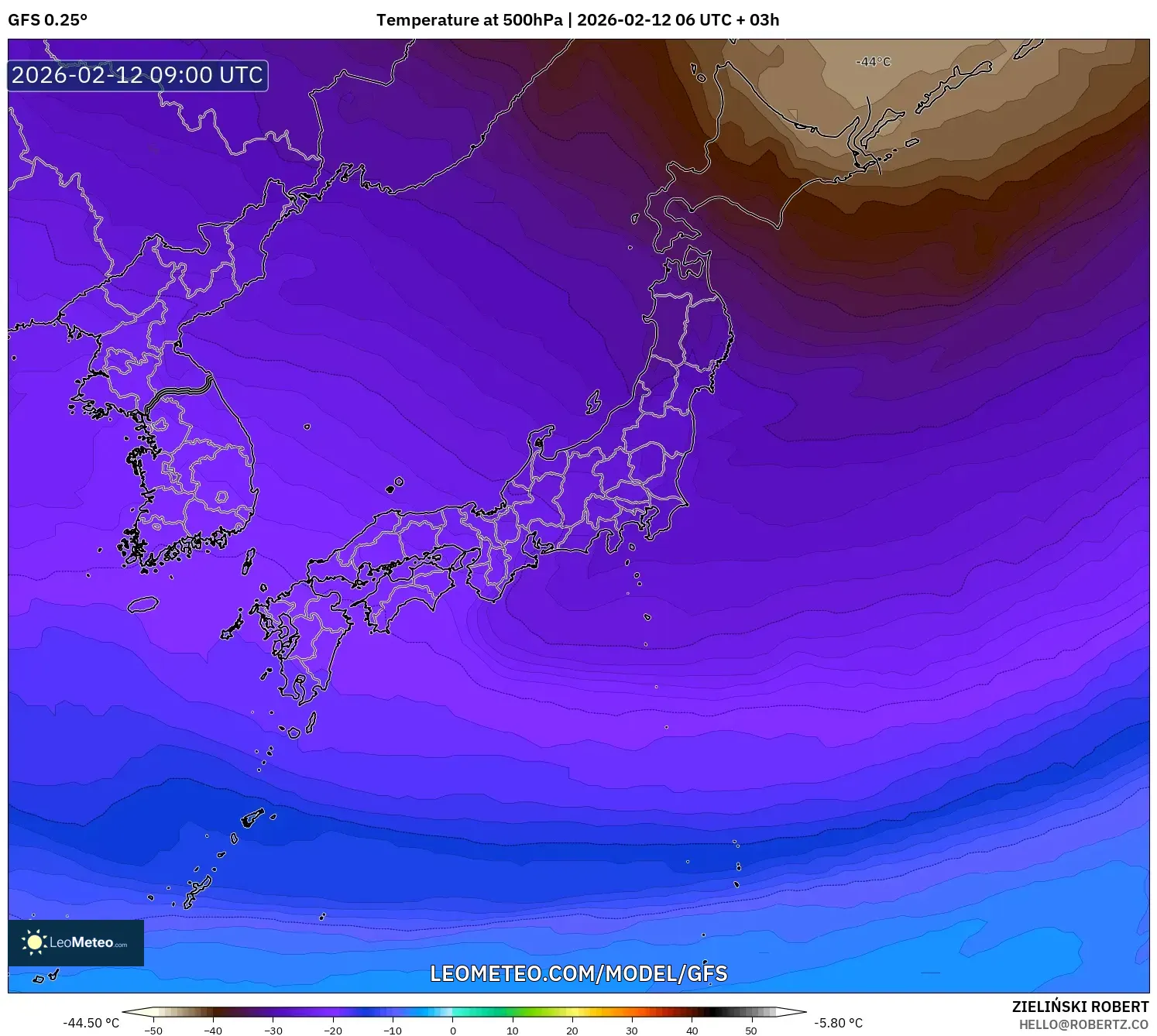 GFS model - Japan, Temperature at 500hPa