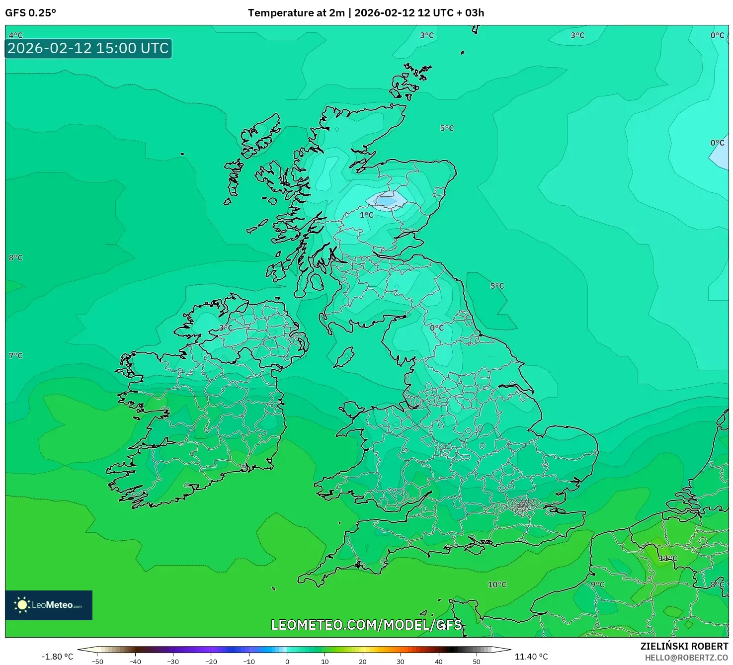 GFS model - United Kingdom, Temperature at 2m