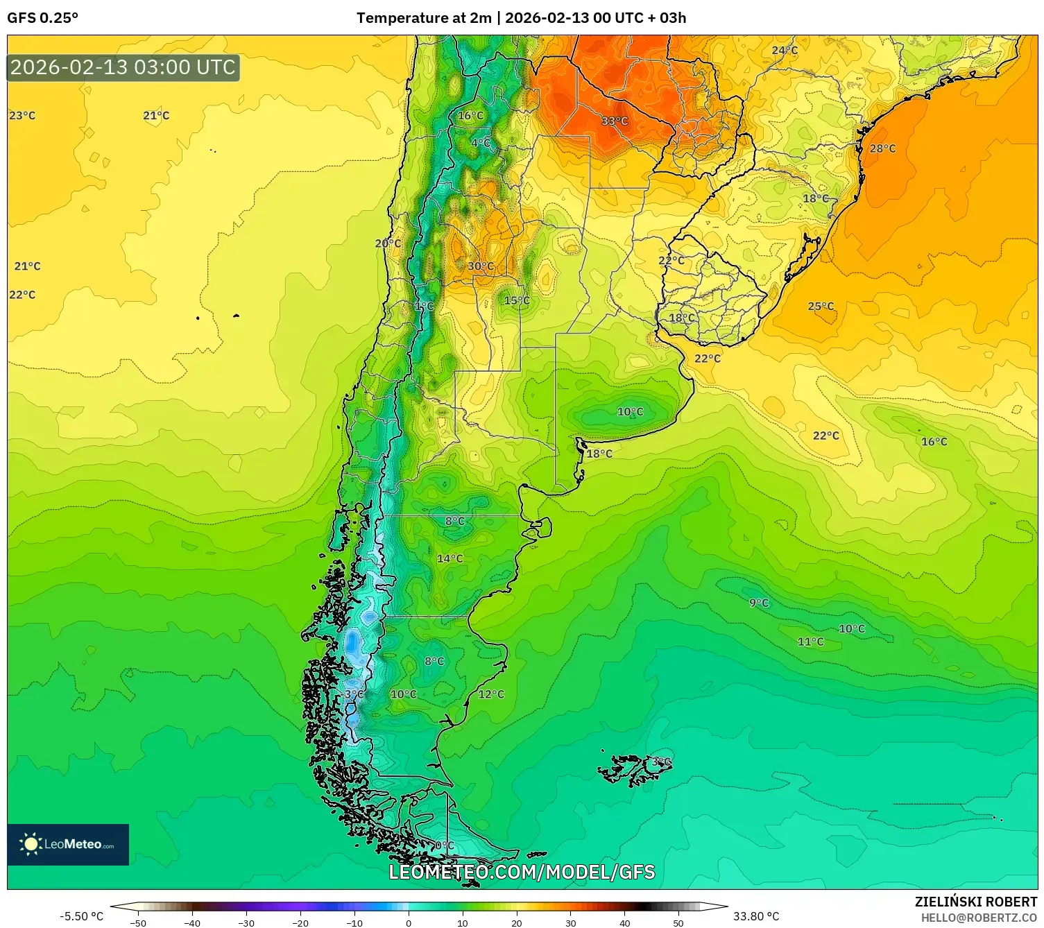GFS model - Argentina, Temperature at 2m