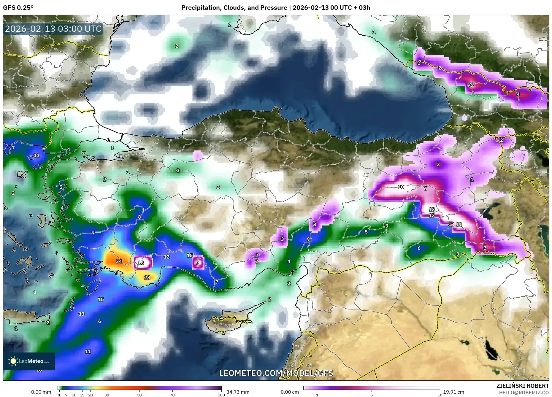 GFS model - Turkey, Precipitation, Clouds, and Pressure