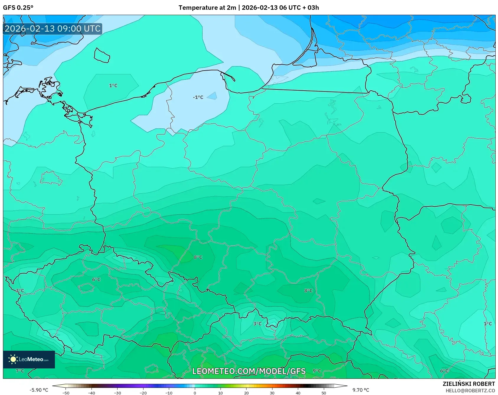 GFS model - Poland, Temperature at 2m