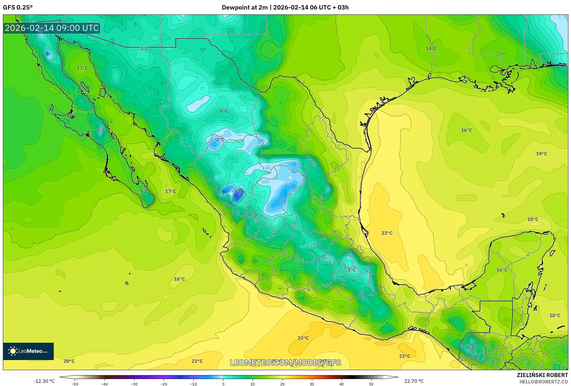 GFS model - Mexico, Dewpoint at 2m
