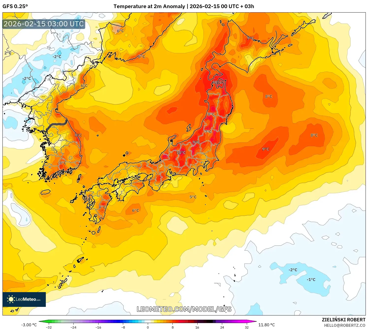GFS model - Japan, Temperature at 2m Anomaly