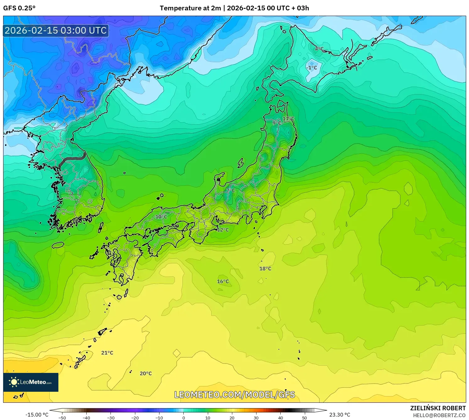 GFS model - Japan, Temperature at 2m