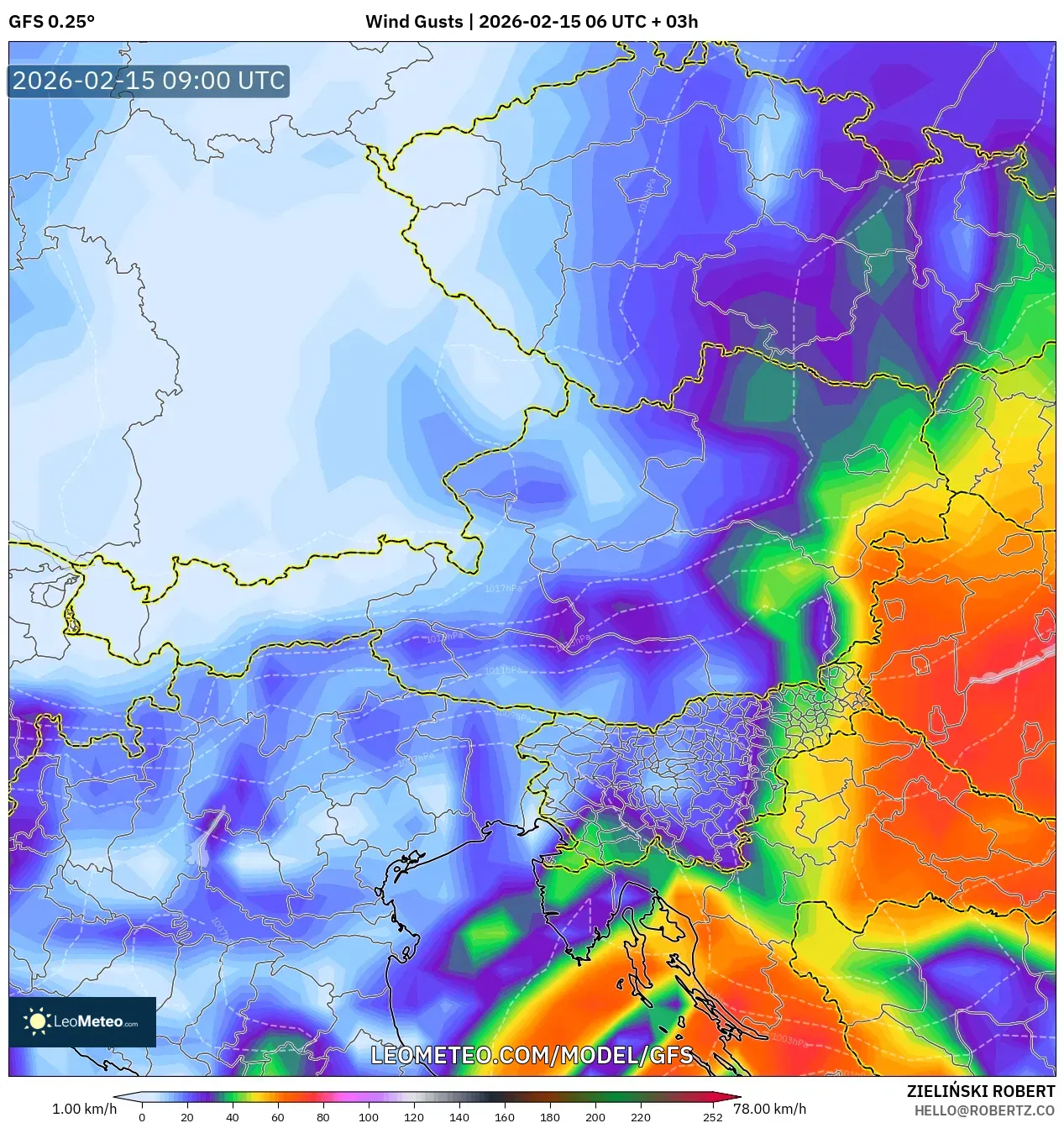 GFS model - Austria, Wind Gusts