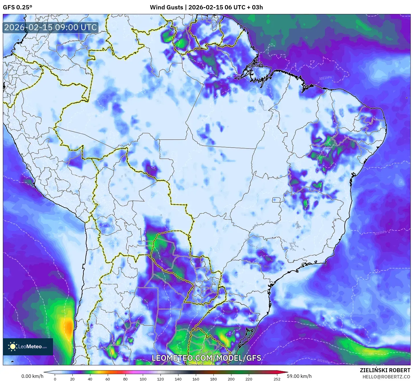 GFS model - Brazil, Wind Gusts