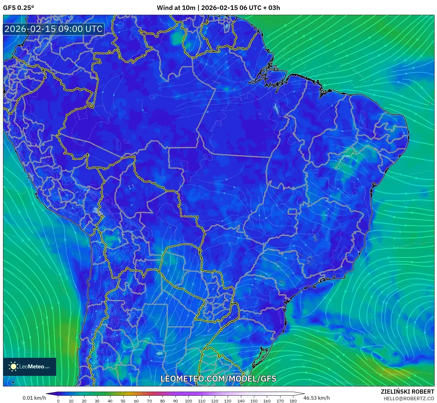 GFS model - Brazil, Wind at 10m