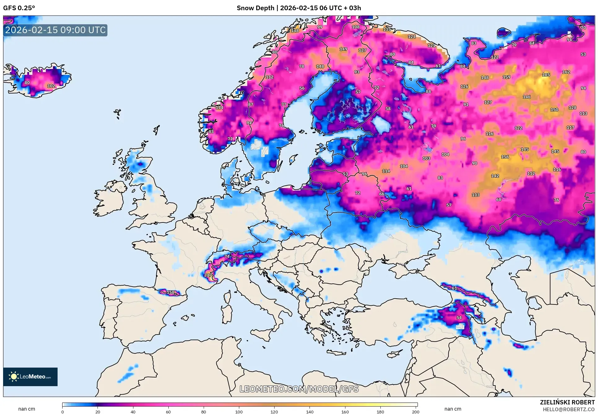 GFS model - Europe, Snow Depth