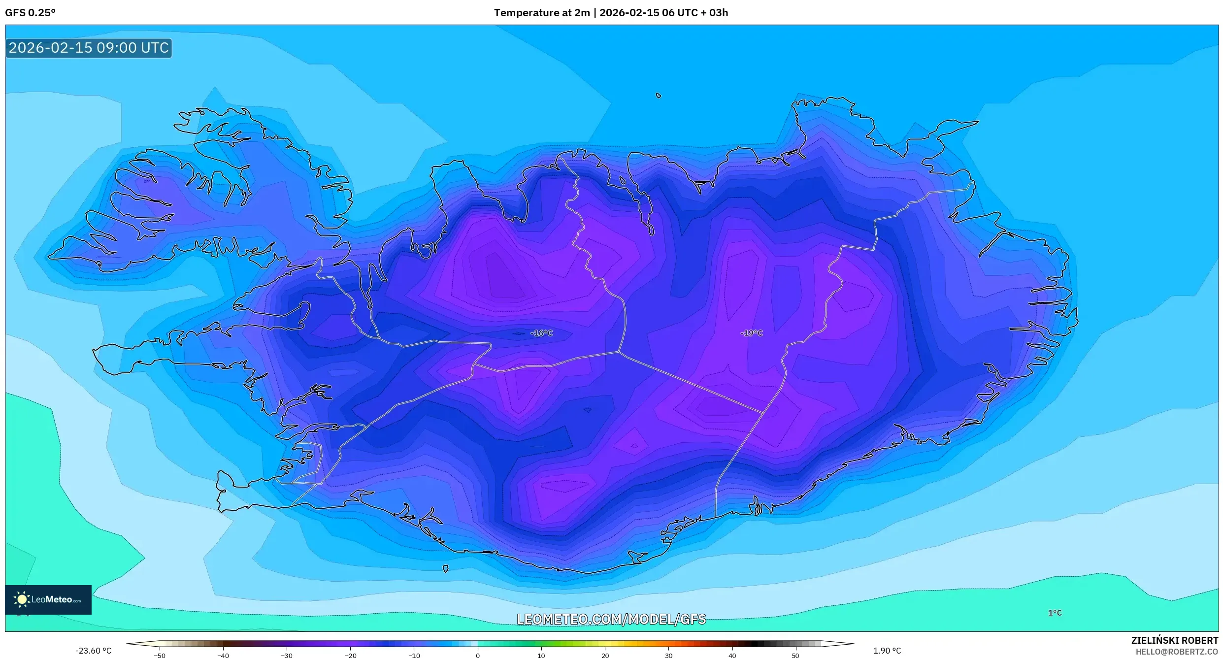 GFS model - Iceland, Temperature at 2m