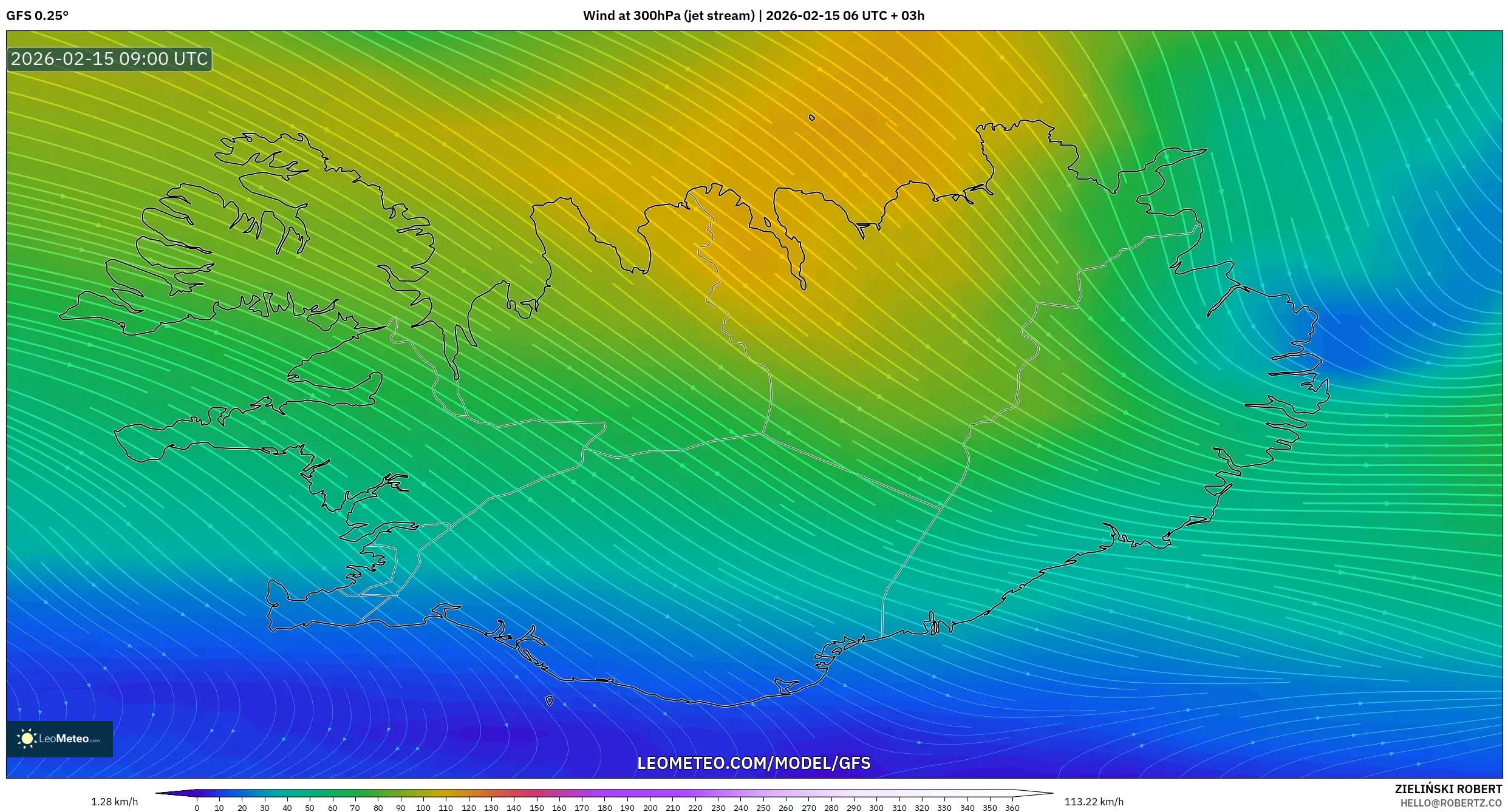 GFS model - Iceland, Wind at 300hPa (jet stream)