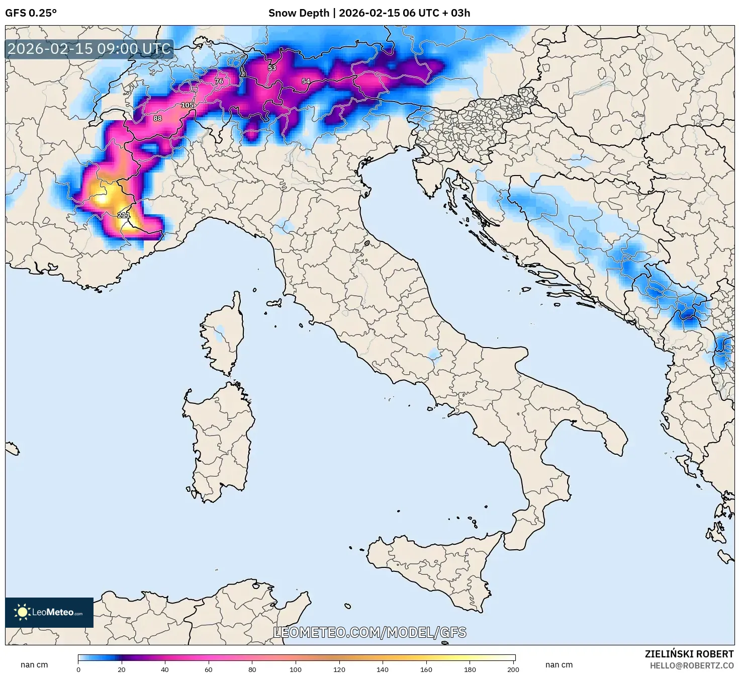 GFS model - Italy, Snow Depth