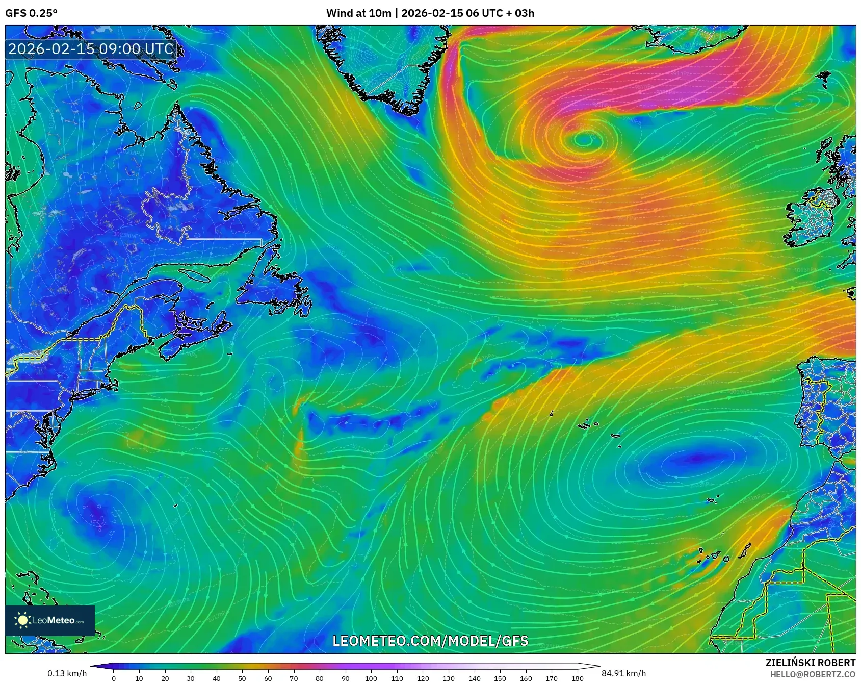 GFS model - North Atlantic, Wind at 10m