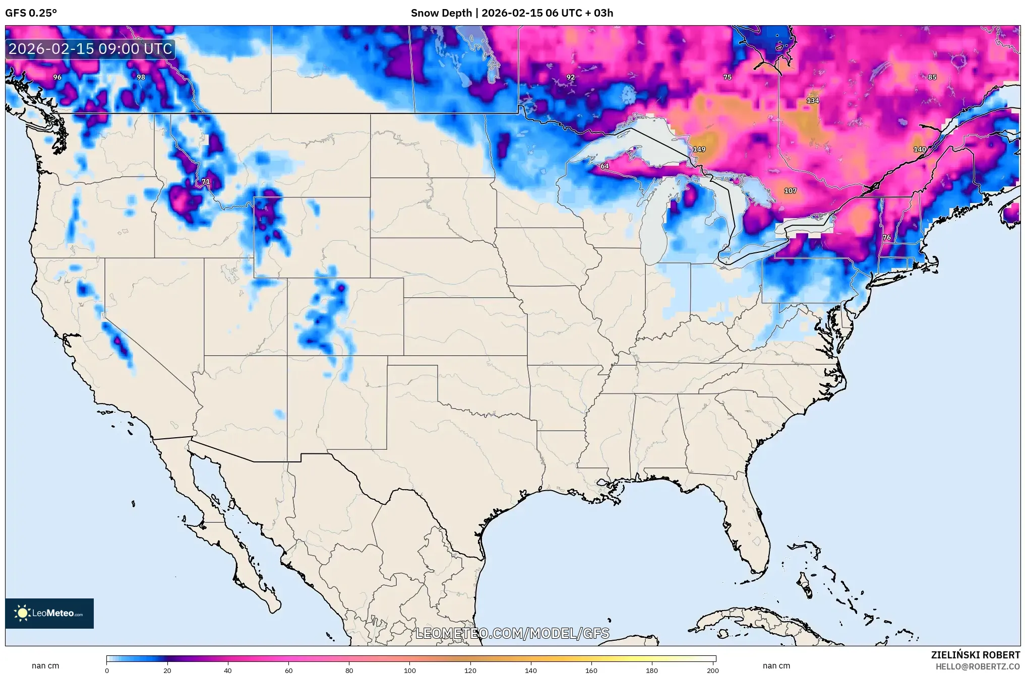 GFS model - United States, Snow Depth
