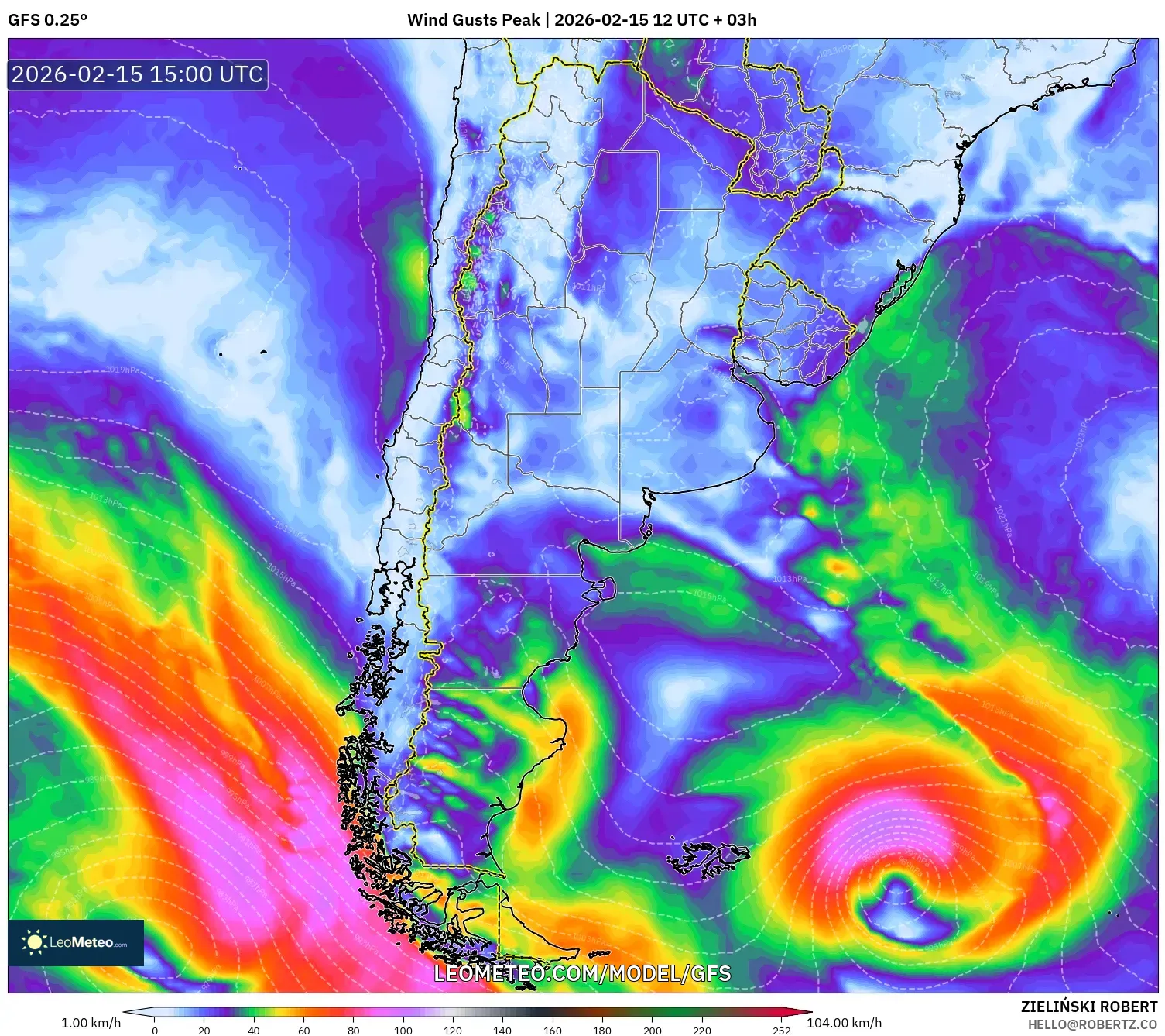 GFS model - Argentina, Wind Gusts Peak