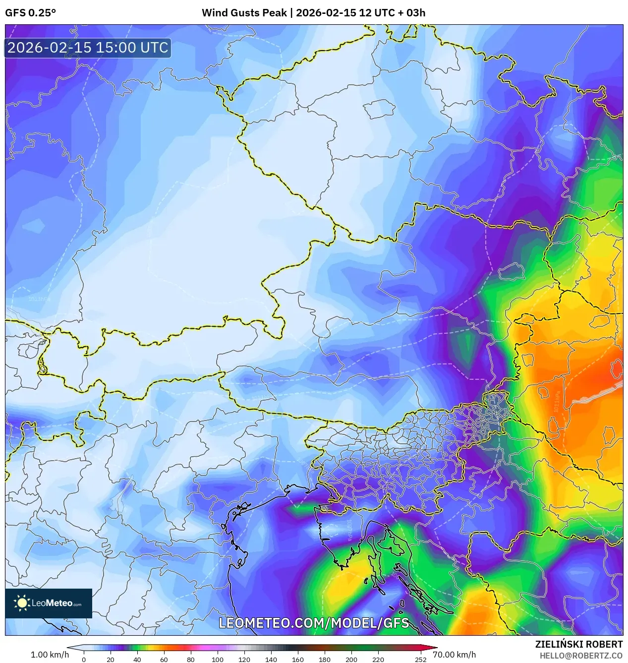 GFS model - Austria, Wind Gusts Peak
