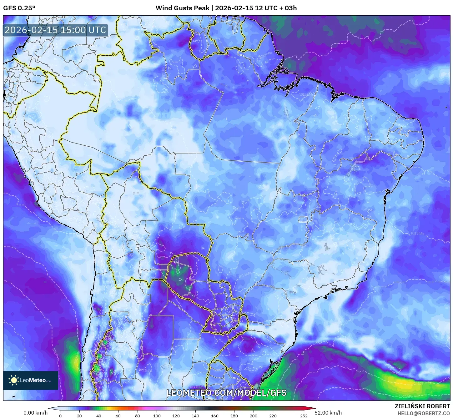 GFS model - Brazil, Wind Gusts Peak