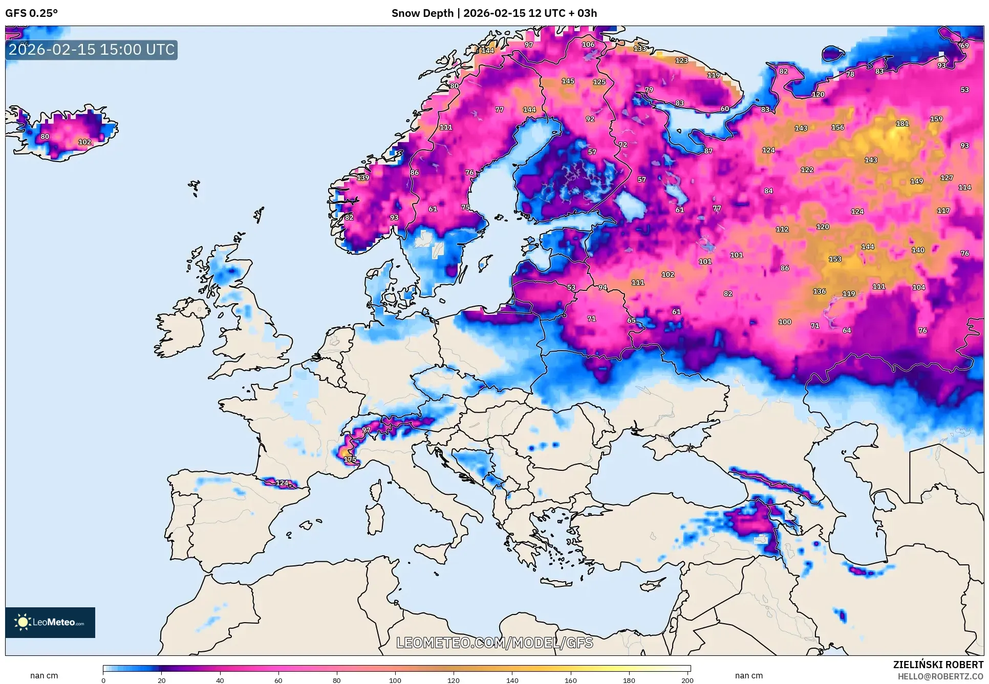 GFS model - Europe, Snow Depth