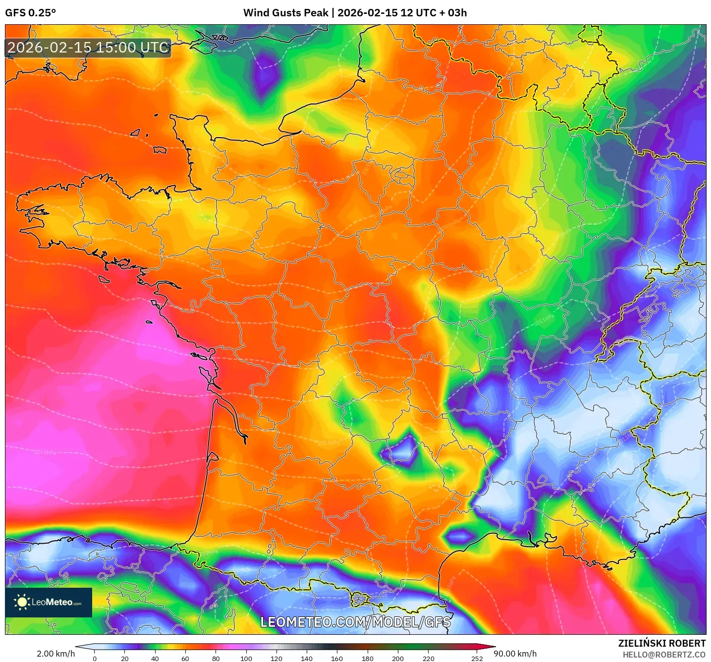 GFS model - France, Wind Gusts Peak