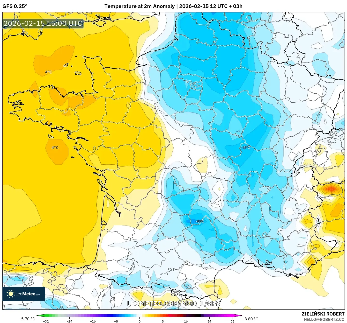 GFS model - France, Temperature at 2m Anomaly