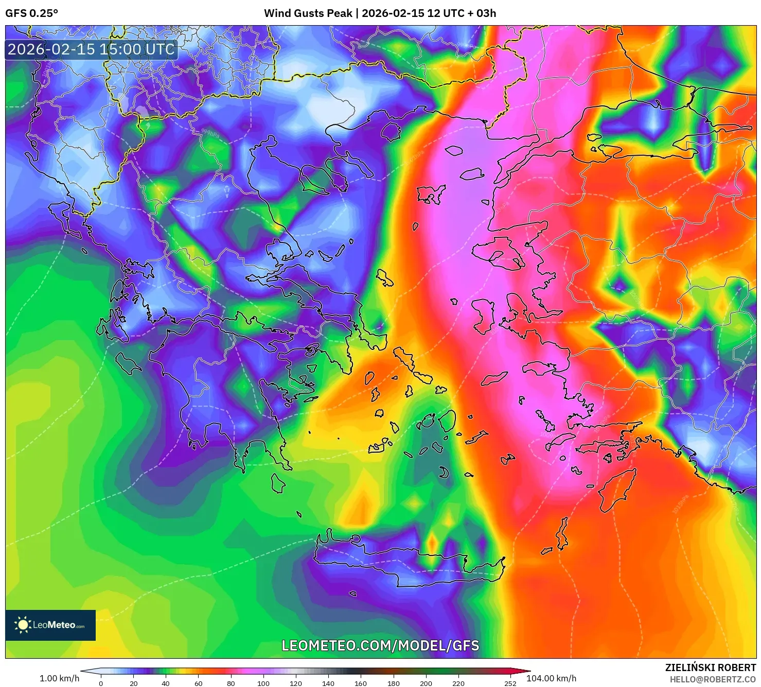 GFS model - Greece, Wind Gusts Peak