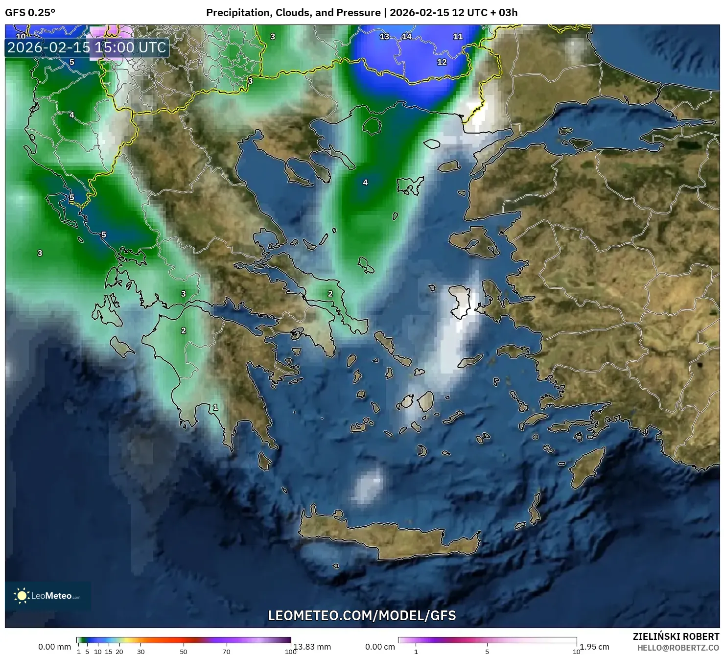 GFS model - Greece, Precipitation, Clouds, and Pressure