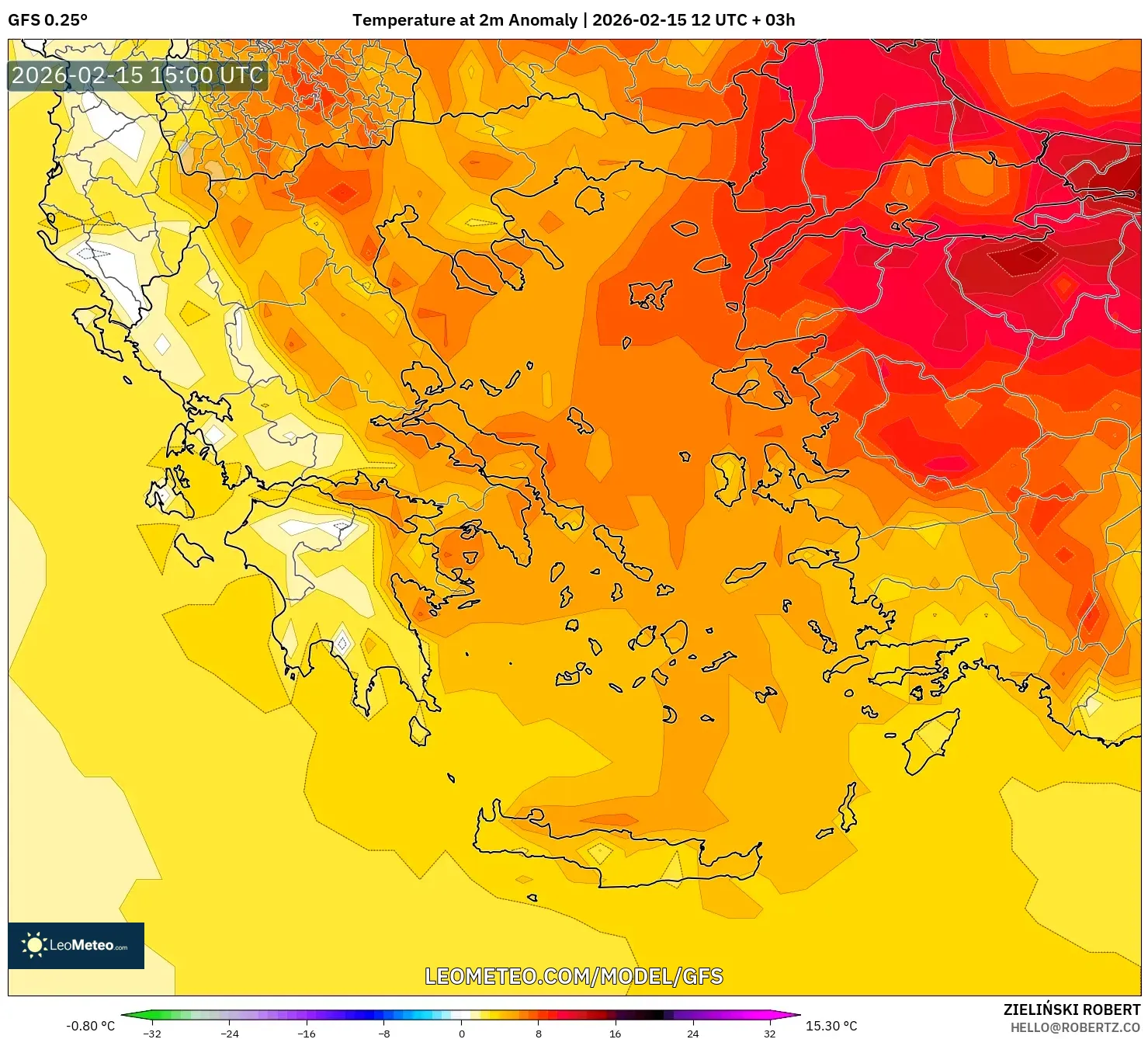 GFS model - Greece, Temperature at 2m Anomaly