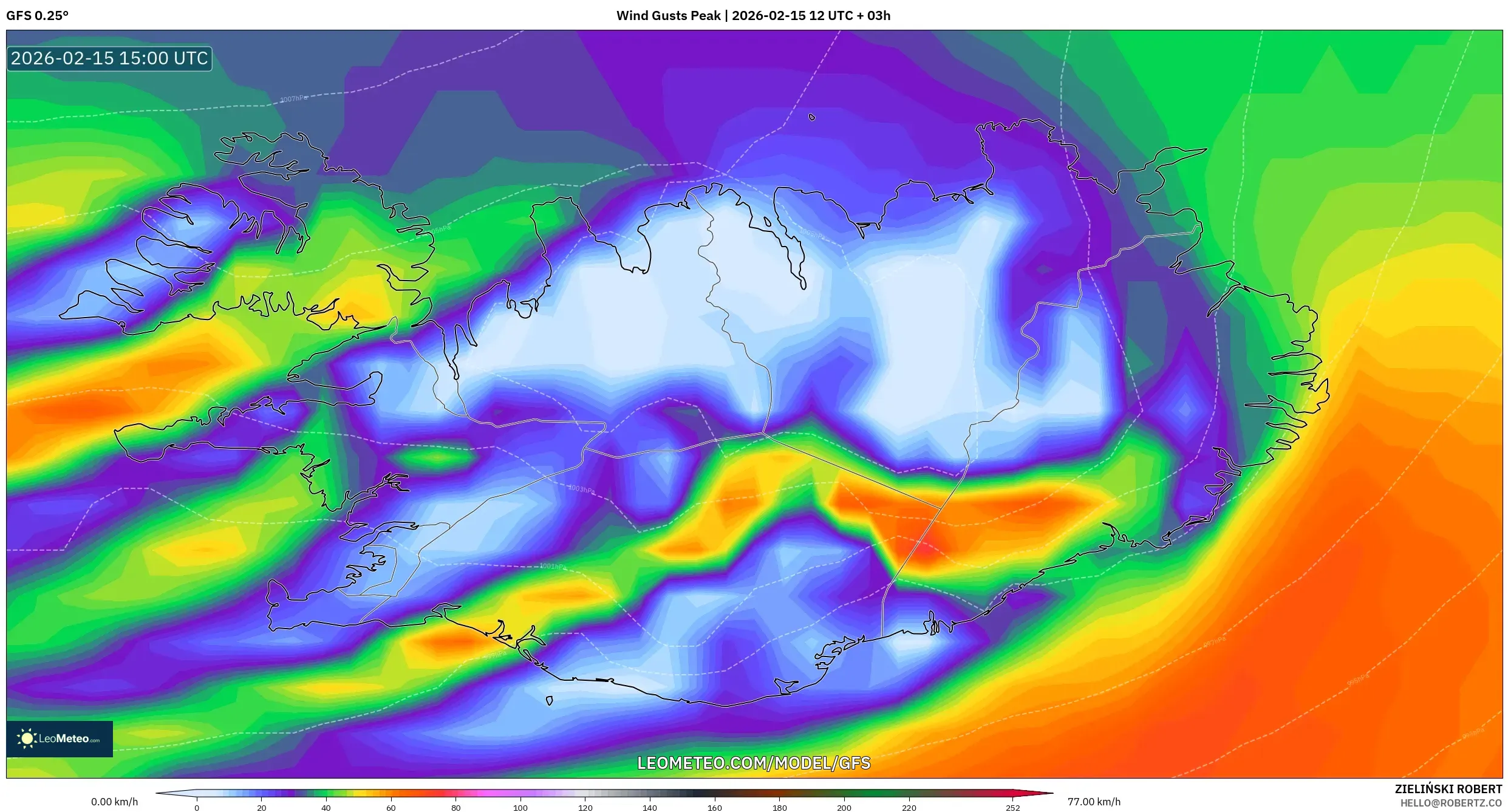 GFS model - Iceland, Wind Gusts Peak