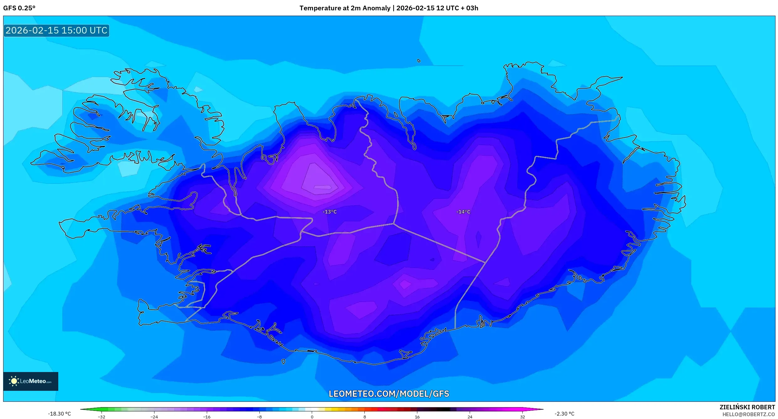 GFS model - Iceland, Temperature at 2m Anomaly