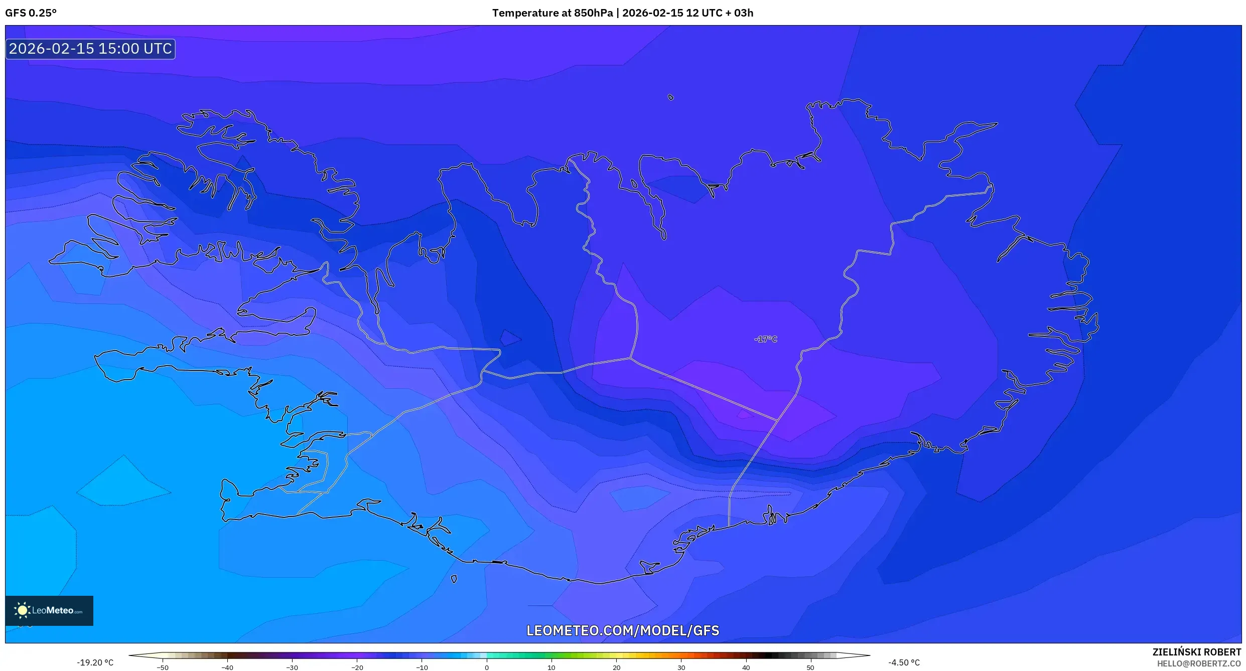 GFS model - Iceland, Temperature at 850hPa