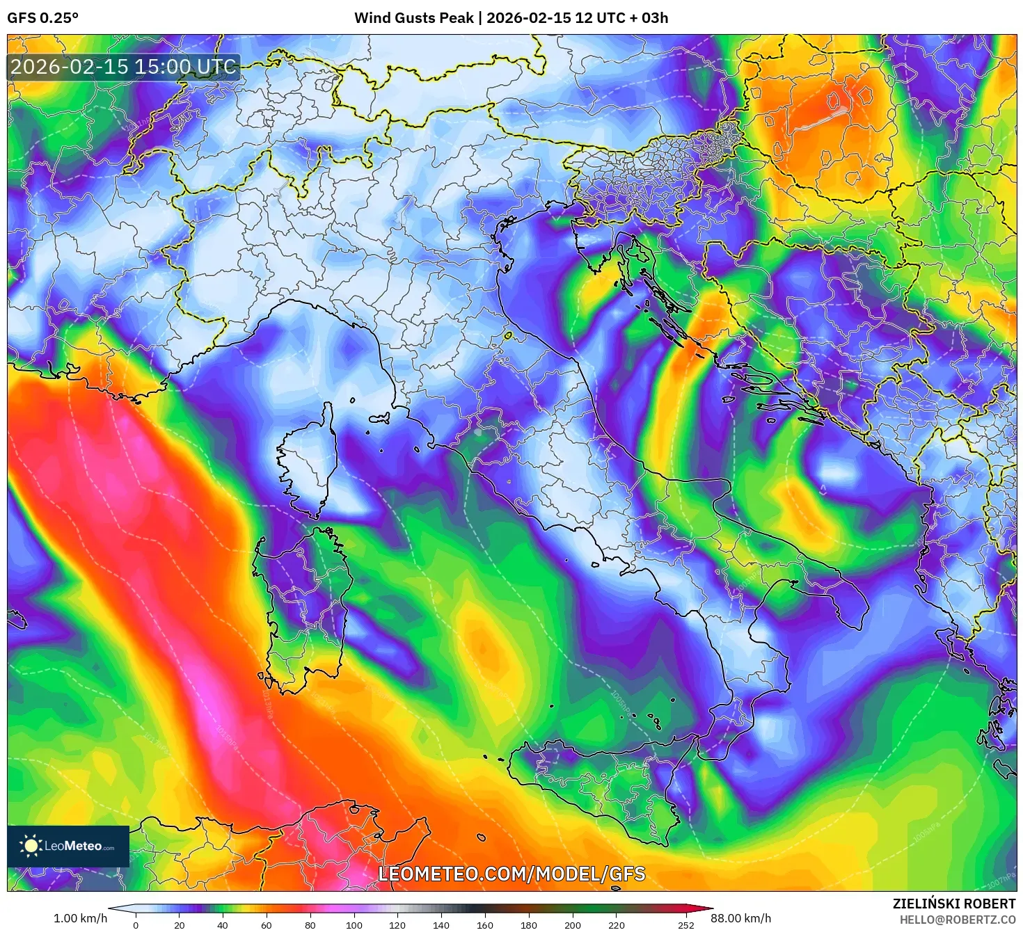 GFS model - Italy, Wind Gusts Peak