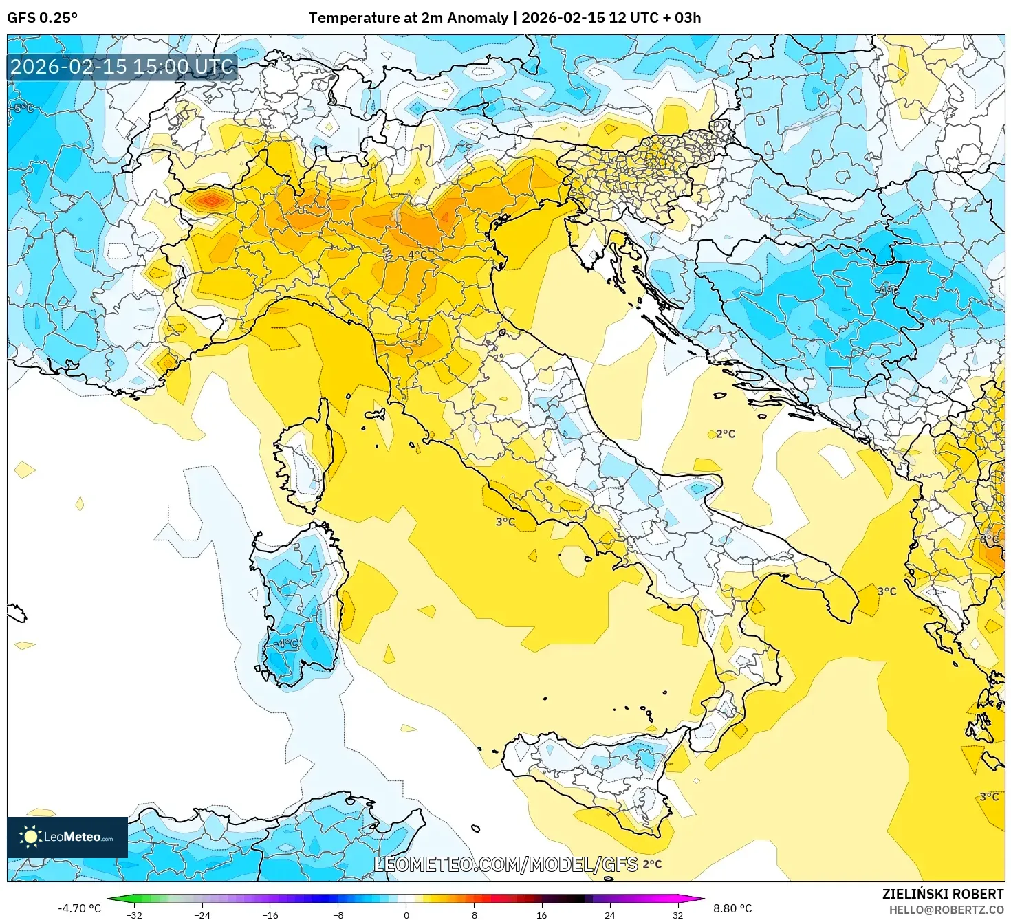 GFS model - Italy, Temperature at 2m Anomaly