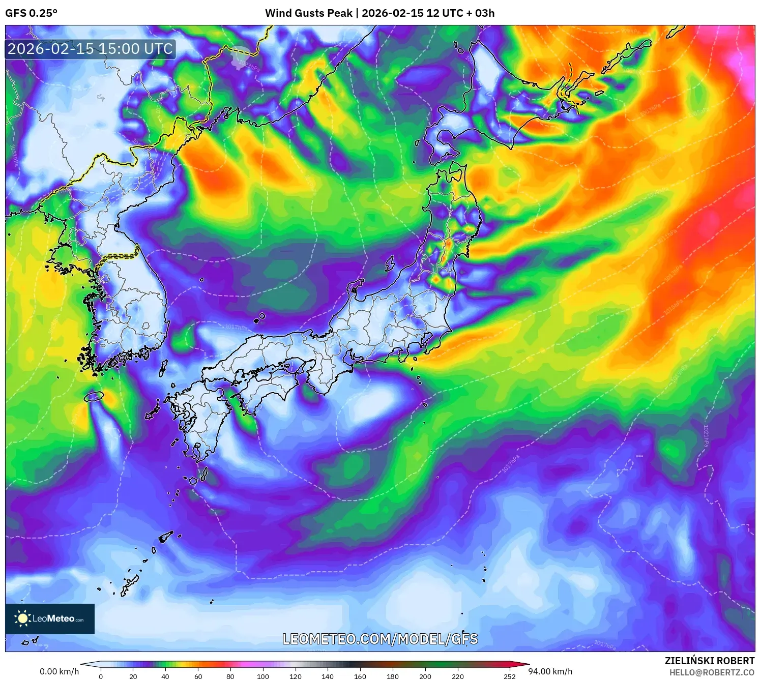 GFS model - Japan, Wind Gusts Peak