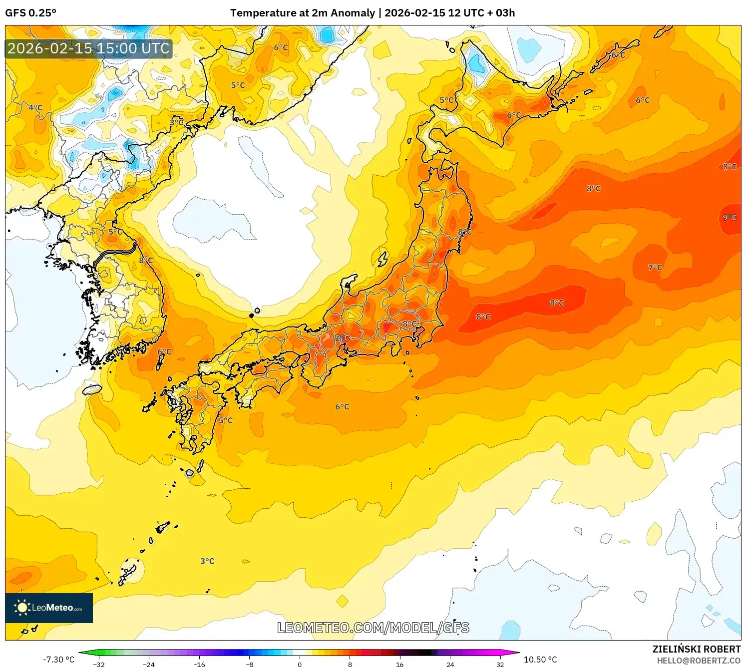 GFS model - Japan, Temperature at 2m Anomaly