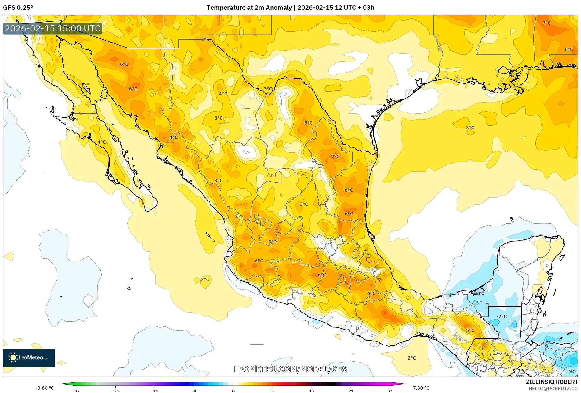 GFS model - Mexico, Temperature at 2m Anomaly
