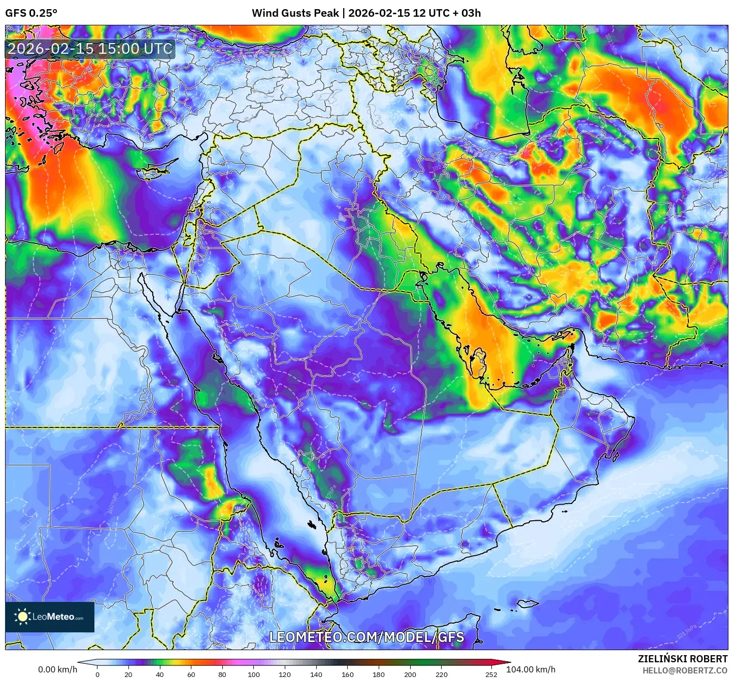 GFS model - Middle East, Wind Gusts Peak