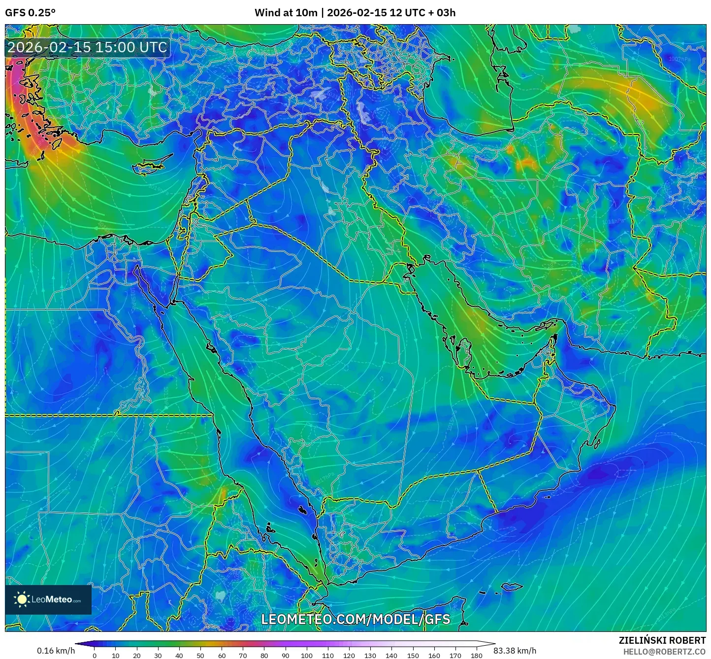 GFS model - Middle East, Wind at 10m