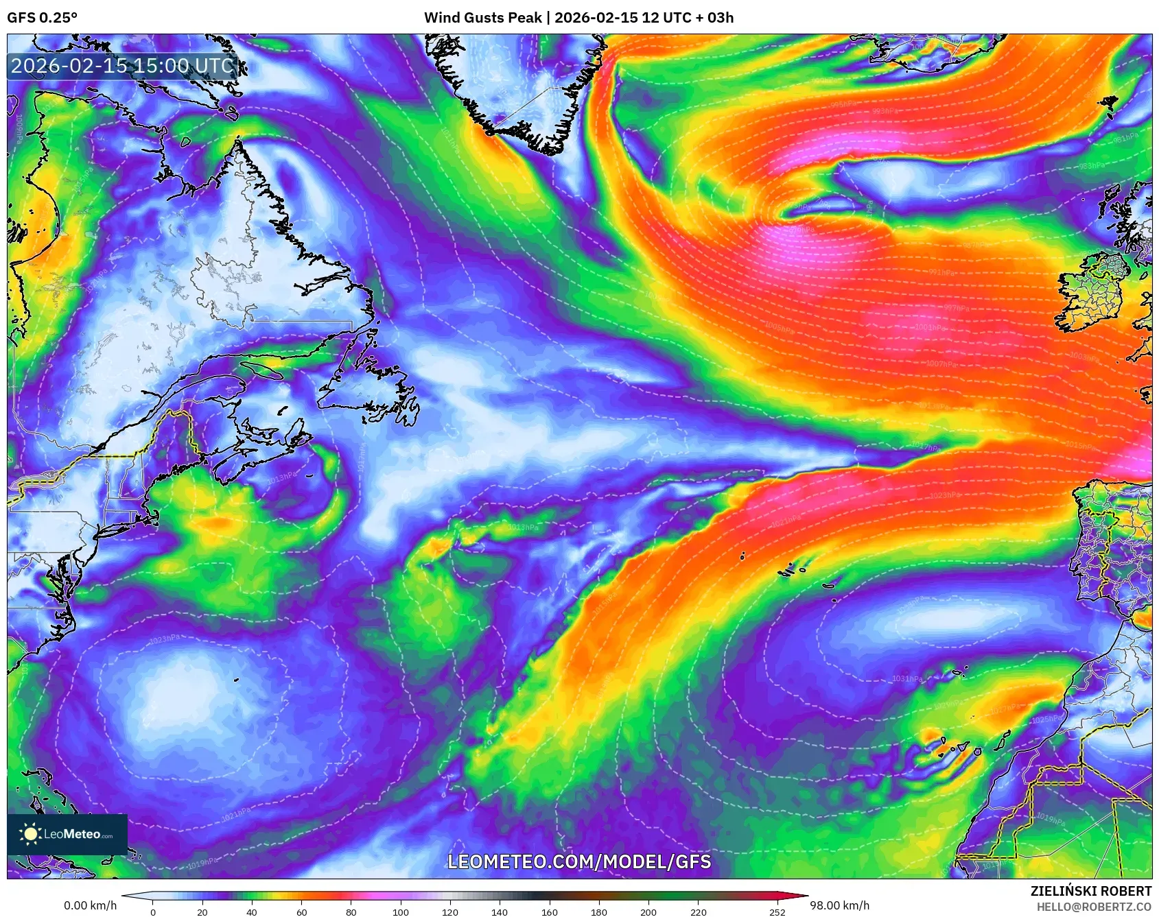 GFS model - North Atlantic, Wind Gusts Peak