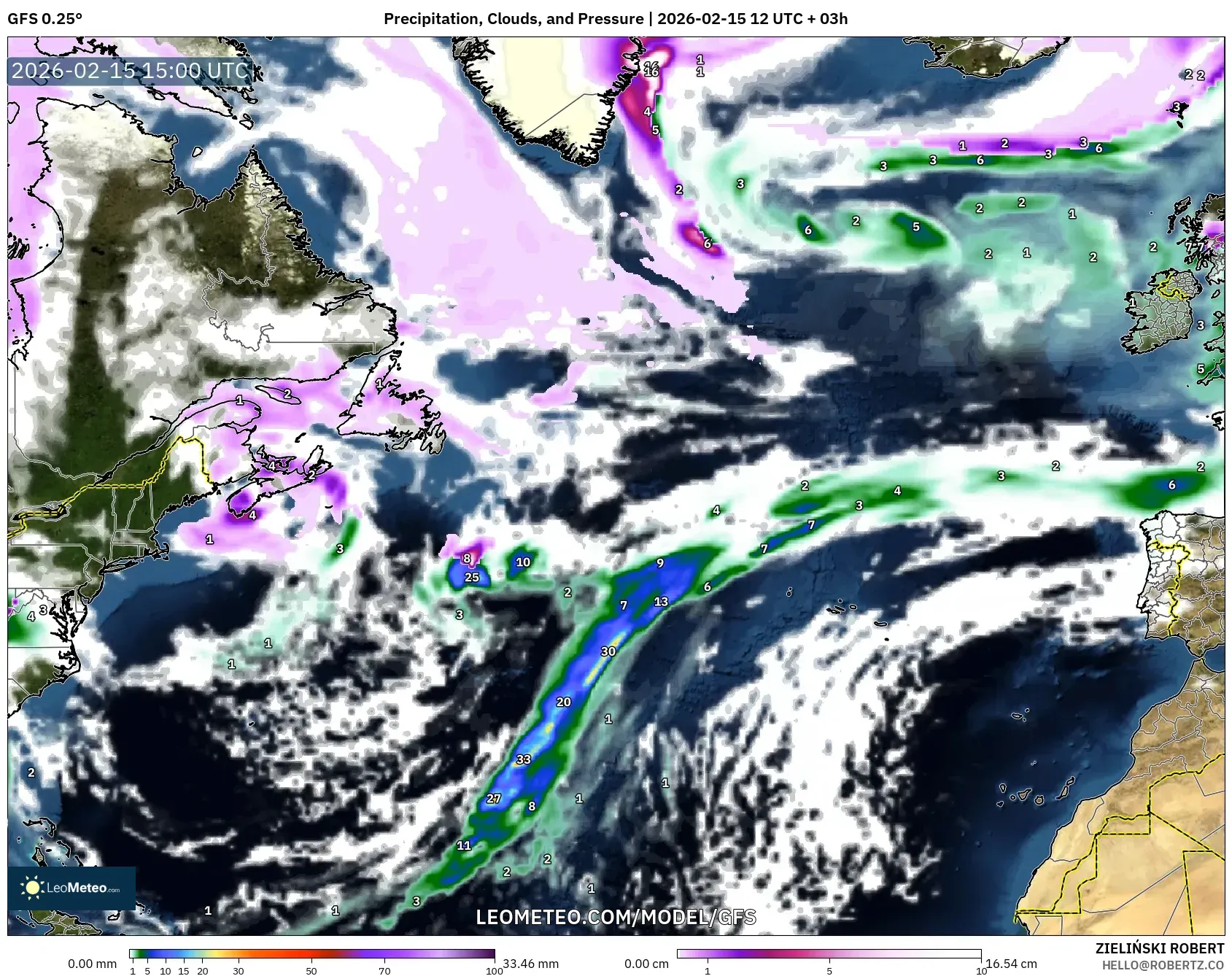 GFS model - North Atlantic, Precipitation, Clouds, and Pressure