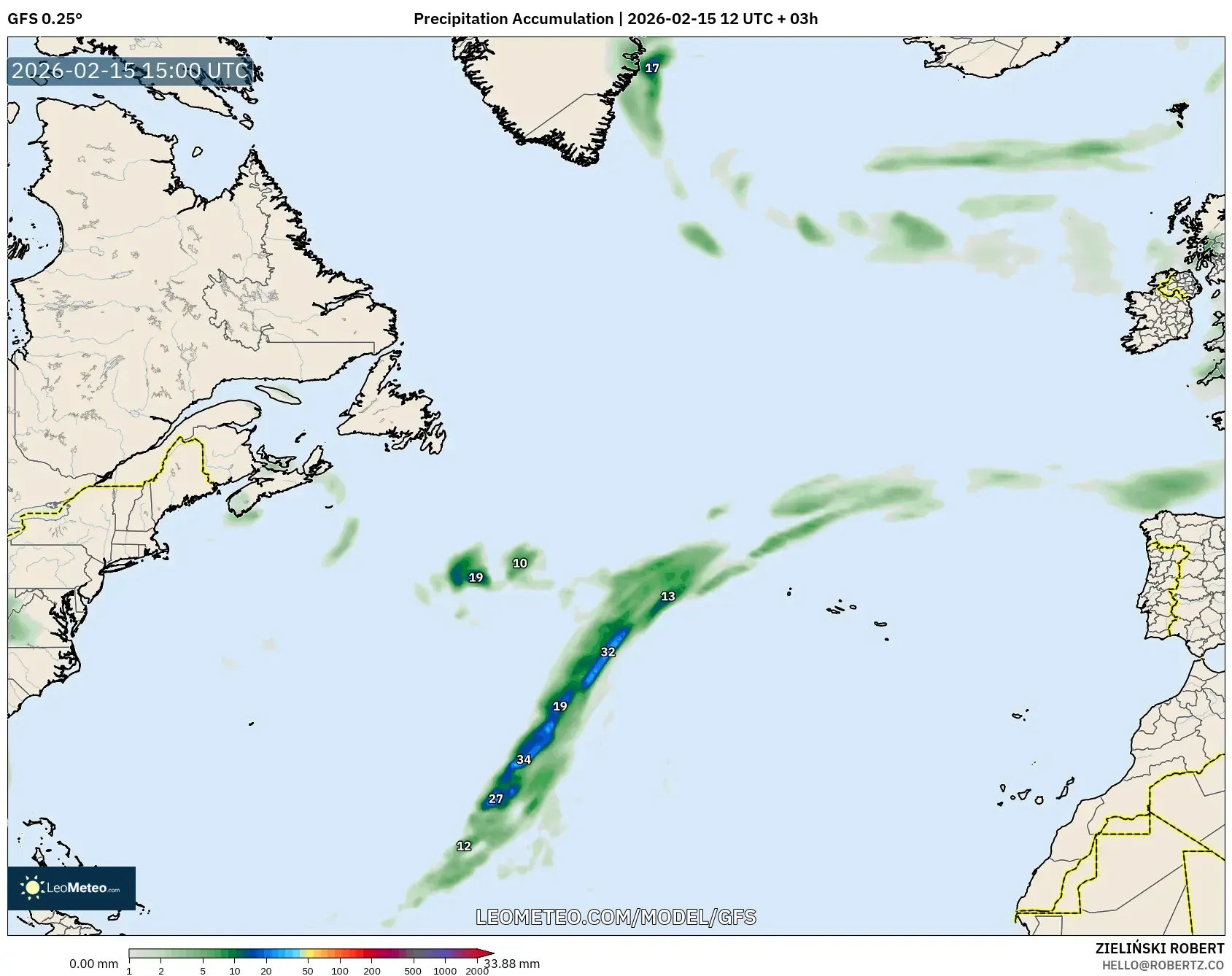 GFS model - North Atlantic, Precipitation Accumulation