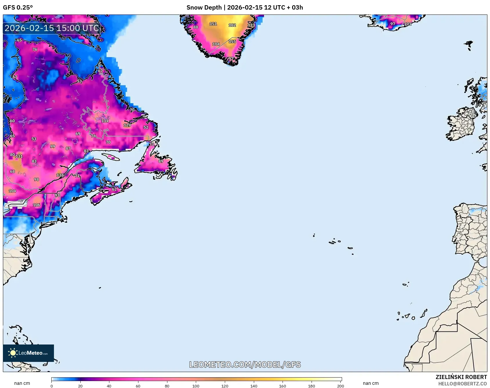 GFS model - North Atlantic, Snow Depth