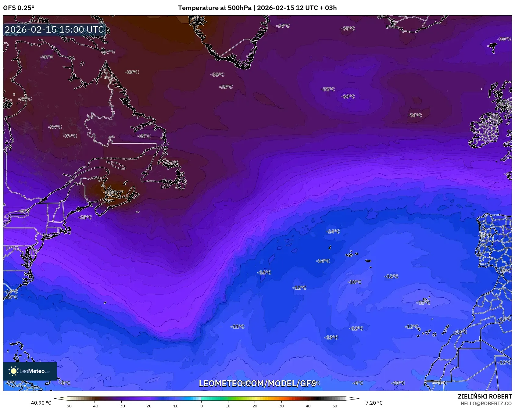 GFS model - North Atlantic, Temperature at 500hPa