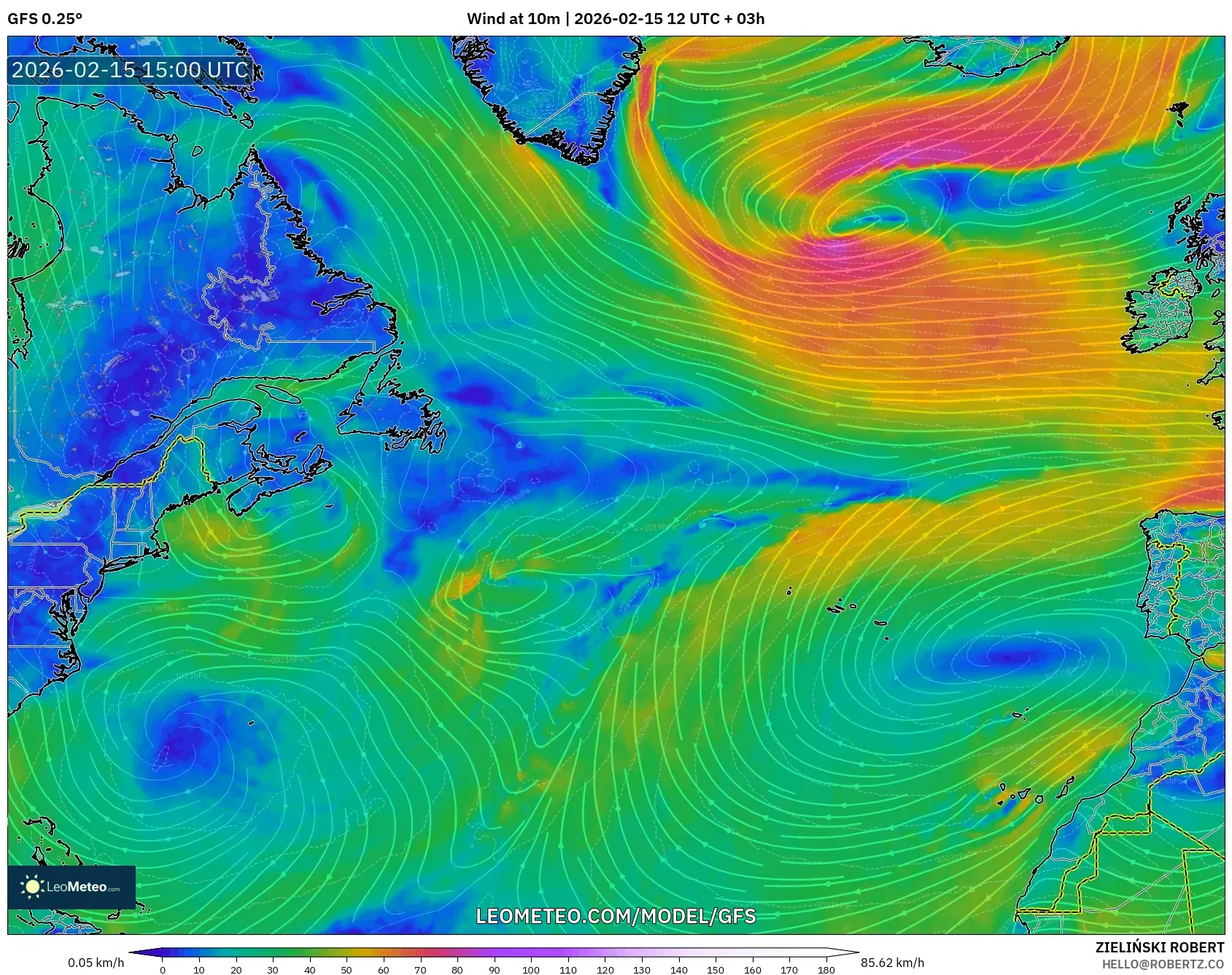 GFS model - North Atlantic, Wind at 10m