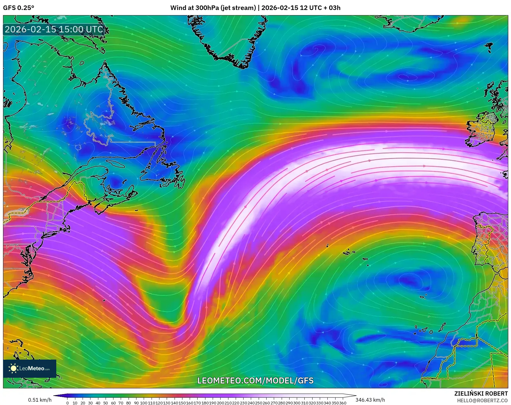 GFS model - North Atlantic, Wind at 300hPa (jet stream)