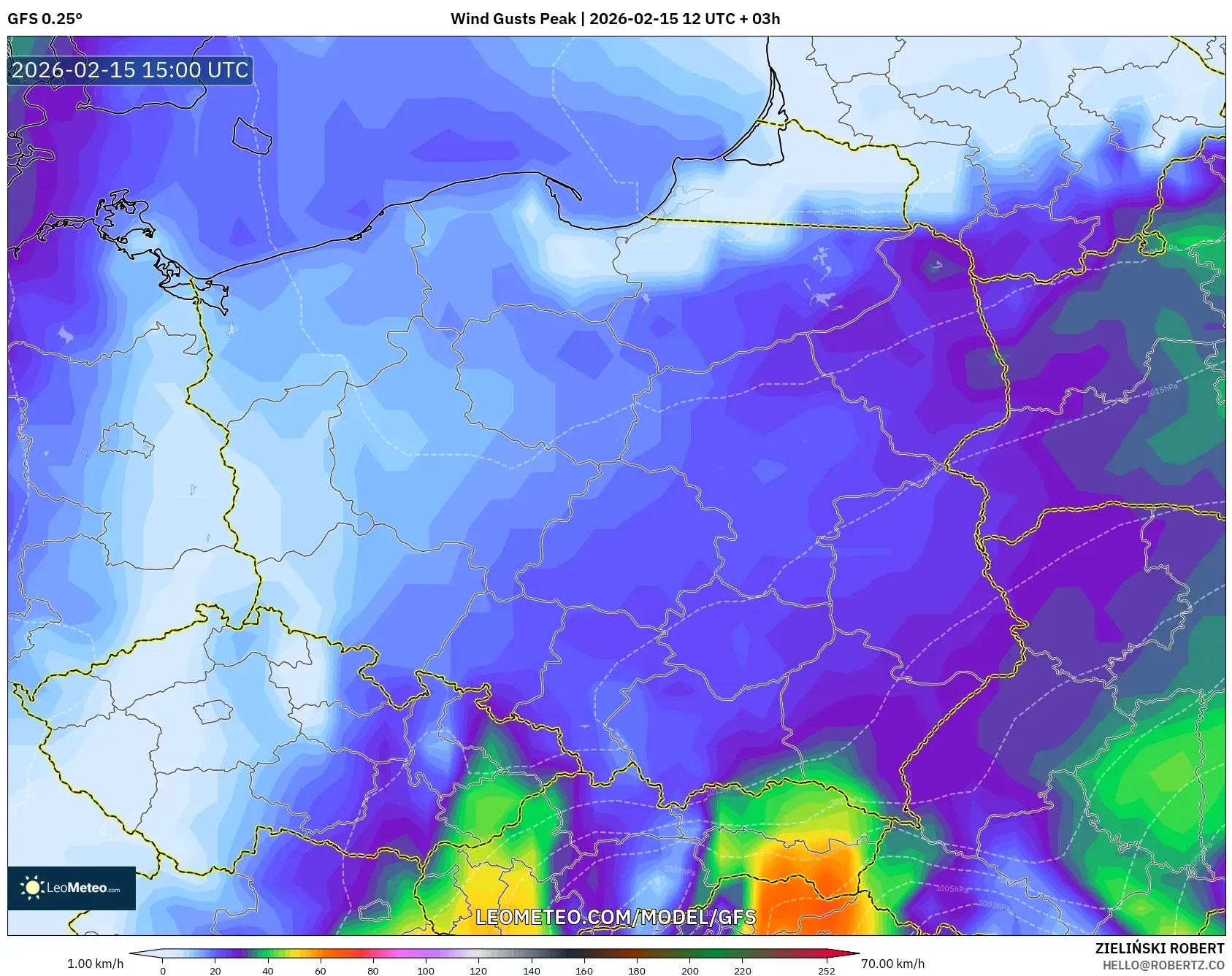 GFS model - Poland, Wind Gusts Peak