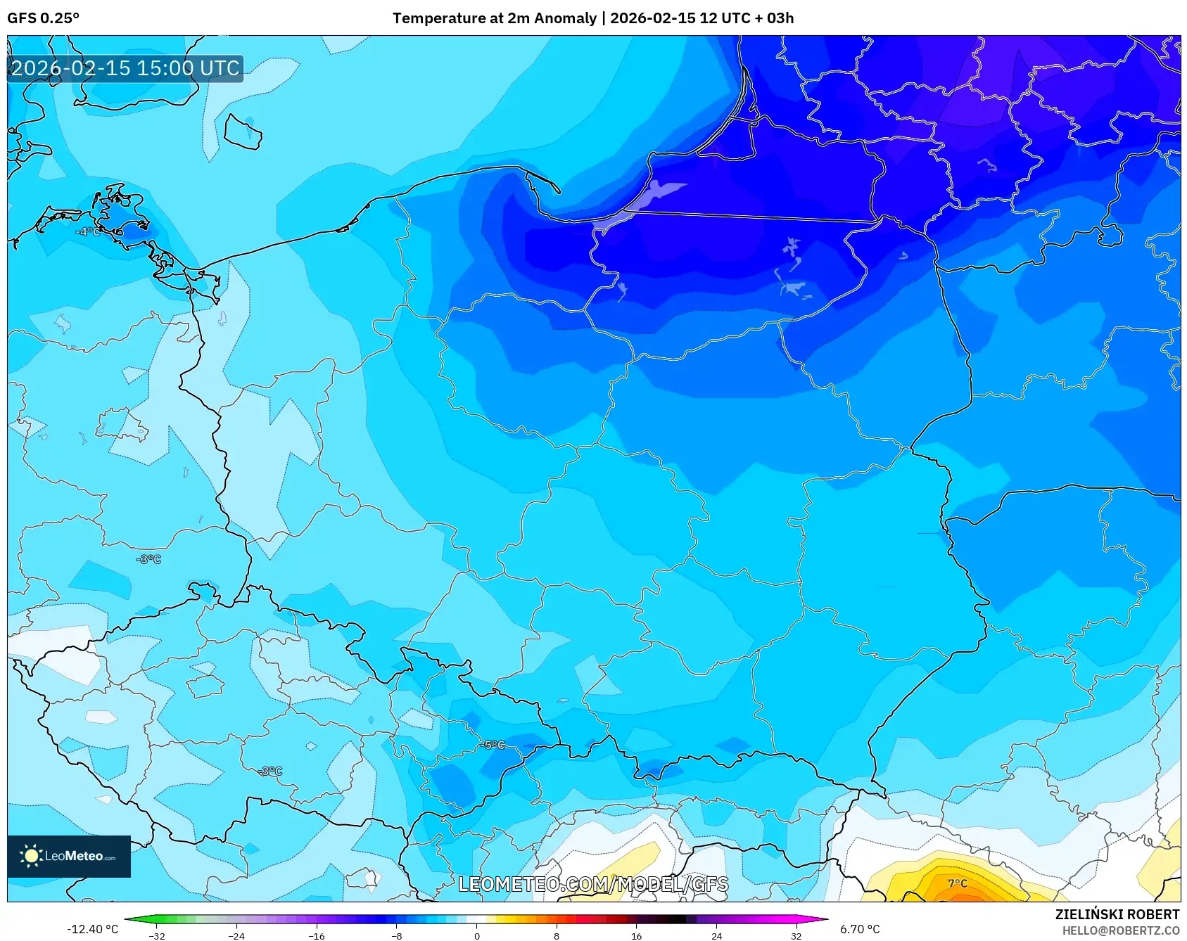 GFS model - Poland, Temperature at 2m Anomaly