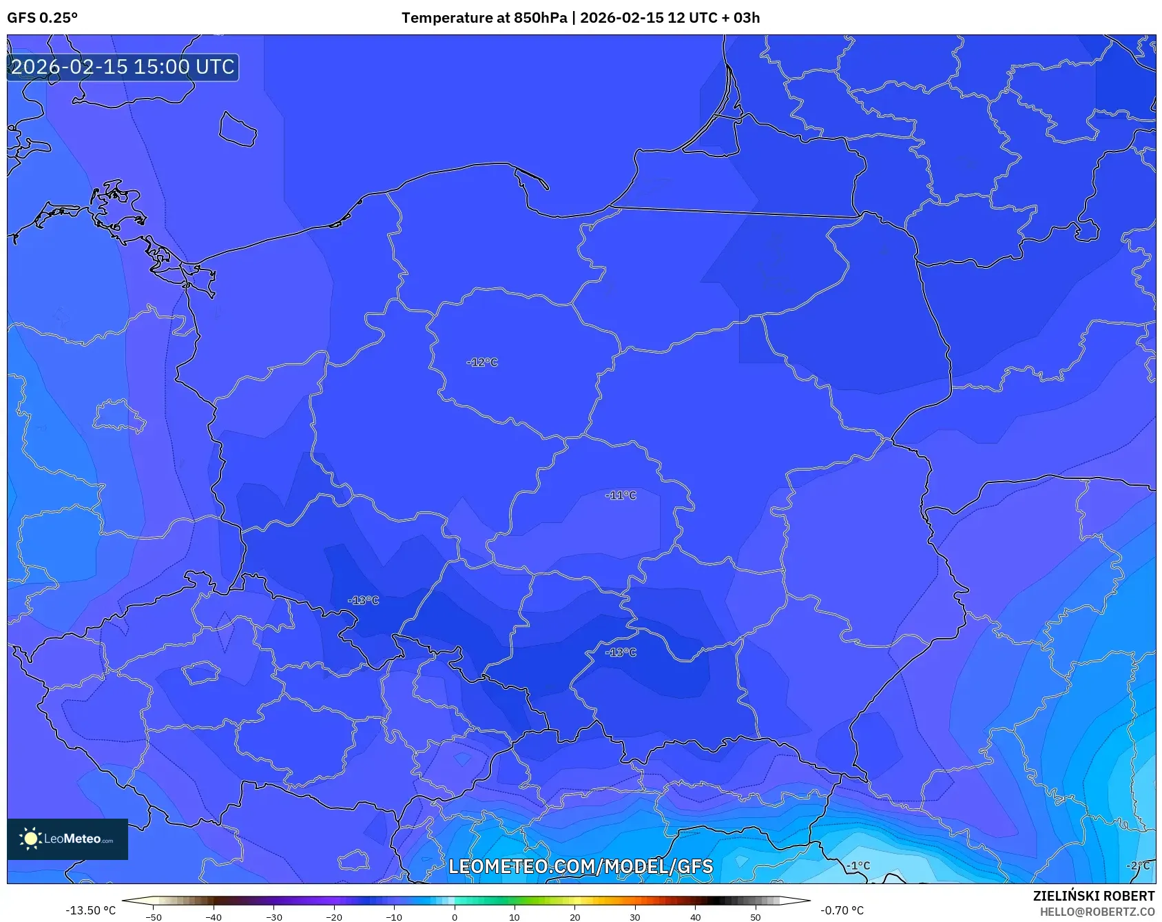 GFS model - Poland, Temperature at 850hPa