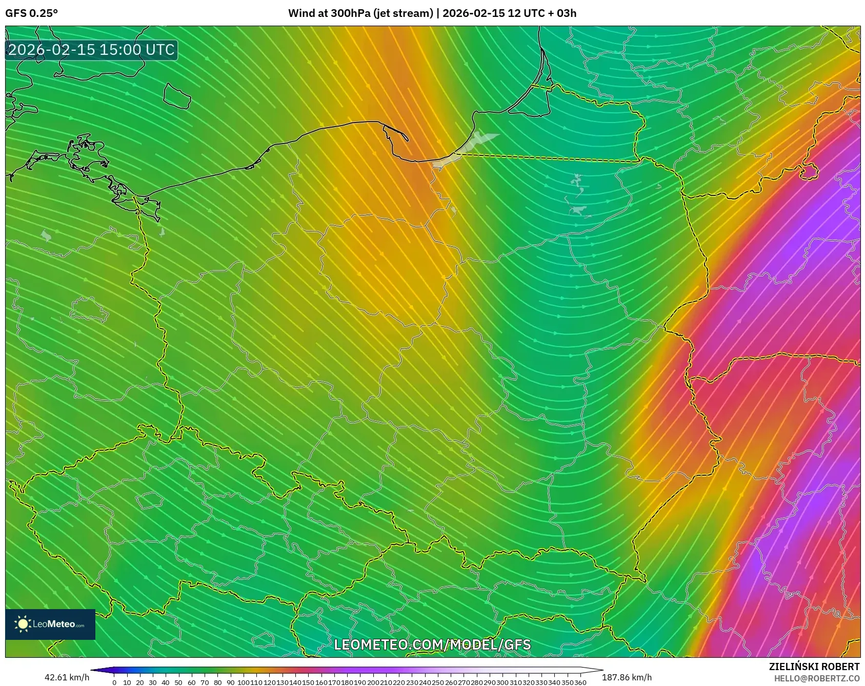 GFS model - Poland, Wind at 300hPa (jet stream)