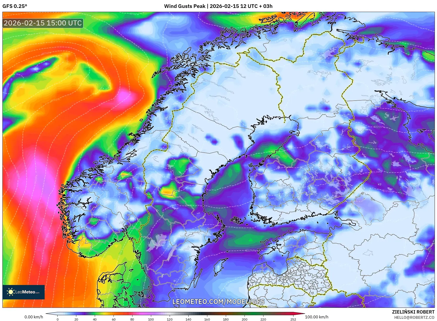 GFS model - Scandinavia, Wind Gusts Peak